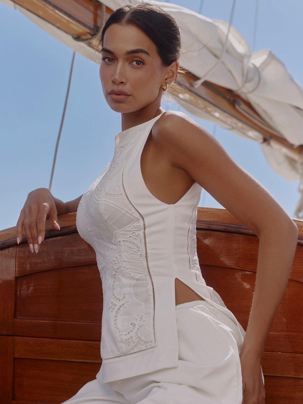 House of CB VALENCIA White Cotton Placement Lace Broderie Anglais Boat Neck Top - Picture 3 of 14